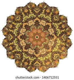 Mandala, tracery wheel mehndi design. Ethnic ornament, colorful doodle symmetry texture. Folk traditional spiritual tribal design.  Curved shape, isolated on white. Color art. Vector