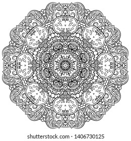 Mandala, tracery wheel mehndi design. Ethnic ornament, doodle symmetry texture. Folk traditional spiritual tribal design. Curved shape, isolated on white. Binary monochrome black and white art. Vector