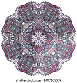Mandala, tracery wheel mehndi design. Ethnic ornament, colorful doodle symmetry texture. Folk traditional spiritual tribal design.  Curved shape, isolated on white. Color art. Vector