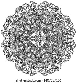 Mandala, tracery wheel mehndi design. Ethnic ornament, doodle symmetry texture. Folk traditional spiritual tribal design. Curved shape, isolated on white. Binary monochrome black and white art. Vector