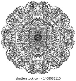 Mandala, tracery wheel mehndi design. Ethnic ornament, doodle symmetry texture. Folk traditional spiritual tribal design. Curved shape, isolated on white. Binary monochrome black and white art. Vector
