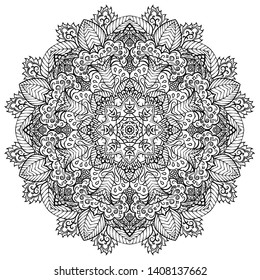 Mandala, tracery wheel mehndi design. Ethnic ornament, doodle symmetry texture. Folk traditional spiritual tribal design. Curved shape, isolated on white. Binary monochrome black and white art. Vector