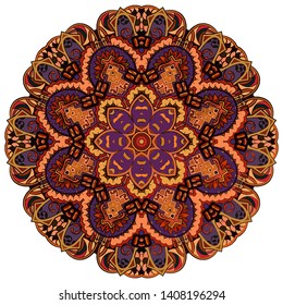 Mandala, tracery wheel mehndi design. Ethnic ornament, colorful doodle symmetry texture. Folk traditional spiritual tribal design.  Curved shape, isolated on white. Color art. Vector