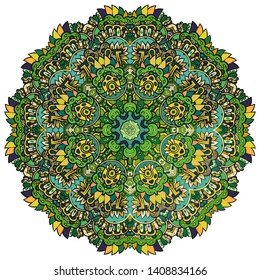 Mandala, tracery wheel mehndi design. Ethnic ornament, colorful doodle symmetry texture. Folk traditional spiritual tribal design.  Curved shape, isolated on white. Color art. Vector