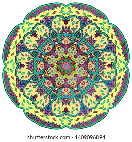 Mandala, tracery wheel mehndi design. Ethnic ornament, colorful doodle symmetry texture. Folk traditional spiritual tribal design.  Curved shape, isolated on white. Color art. Vector