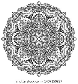 Mandala, tracery wheel mehndi design. Ethnic ornament, doodle symmetry texture. Folk traditional spiritual tribal design. Curved shape, isolated on white. Binary monochrome black and white art. Vector