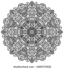 Mandala, tracery wheel mehndi design. Ethnic ornament, doodle symmetry texture. Folk traditional spiritual tribal design. Curved shape, isolated on white. Binary monochrome black and white art. Vector