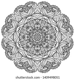 Mandala, tracery wheel mehndi design. Ethnic ornament, doodle symmetry texture. Folk traditional spiritual tribal design. Curved shape, isolated on white. Binary monochrome black and white art. Vector