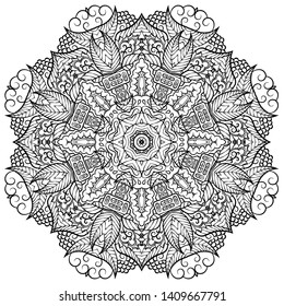 Mandala, tracery wheel mehndi design. Ethnic ornament, doodle symmetry texture. Folk traditional spiritual tribal design. Curved shape, isolated on white. Binary monochrome black and white art. Vector