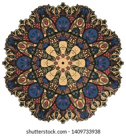 Mandala, tracery wheel mehndi design. Ethnic ornament, colorful doodle symmetry texture. Folk traditional spiritual tribal design.  Curved shape, isolated on white. Color art. Vector
