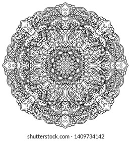 Mandala, tracery wheel mehndi design. Ethnic ornament, doodle symmetry texture. Folk traditional spiritual tribal design. Curved shape, isolated on white. Binary monochrome black and white art. Vector