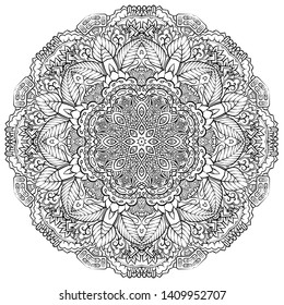 Mandala, tracery wheel mehndi design. Ethnic ornament, doodle symmetry texture. Folk traditional spiritual tribal design. Curved shape, isolated on white. Binary monochrome black and white art. Vector