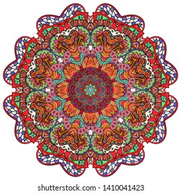 Mandala, tracery wheel mehndi design. Ethnic ornament, colorful doodle symmetry texture. Folk traditional spiritual tribal design.  Curved shape, isolated on white. Color art. Vector