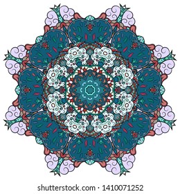 Mandala, tracery wheel mehndi design. Ethnic ornament, colorful doodle symmetry texture. Folk traditional spiritual tribal design.  Curved shape, isolated on white. Color art. Vector
