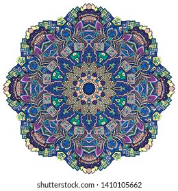 Mandala, tracery wheel mehndi design. Ethnic ornament, colorful doodle symmetry texture. Folk traditional spiritual tribal design.  Curved shape, isolated on white. Color art. Vector