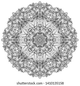 Mandala, tracery wheel mehndi design. Ethnic ornament, doodle symmetry texture. Folk traditional spiritual tribal design. Curved shape, isolated on white. Binary monochrome black and white art. Vector