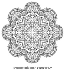 Mandala, tracery wheel mehndi design. Ethnic ornament, doodle symmetry texture. Folk traditional spiritual tribal design. Curved shape, isolated on white. Binary monochrome black and white art. Vector