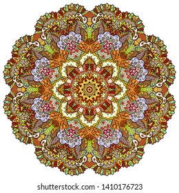 Mandala, tracery wheel mehndi design. Ethnic ornament, colorful doodle symmetry texture. Folk traditional spiritual tribal design.  Curved shape, isolated on white. Color art. Vector
