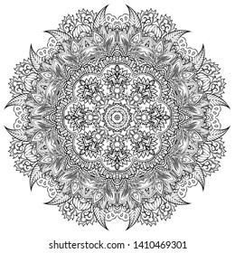 Mandala, tracery wheel mehndi design. Ethnic ornament, doodle symmetry texture. Folk traditional spiritual tribal design. Curved shape, isolated on white. Binary monochrome black and white art. Vector