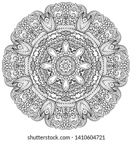 Mandala, tracery wheel mehndi design. Ethnic ornament, doodle symmetry texture. Folk traditional spiritual tribal design. Curved shape, isolated on white. Binary monochrome black and white art. Vector