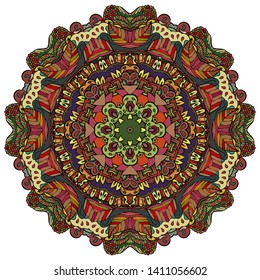 Mandala, tracery wheel mehndi design. Ethnic ornament, colorful doodle symmetry texture. Folk traditional spiritual tribal design.  Curved shape, isolated on white. Color art. Vector