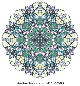Mandala, tracery wheel mehndi design. Ethnic ornament, colorful doodle symmetry texture. Folk traditional spiritual tribal design. Curved shape, isolated on white. Color art. Vector
