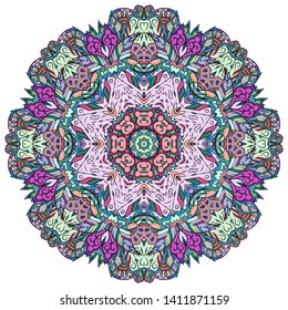 Mandala, tracery wheel mehndi design. Ethnic ornament, colorful doodle symmetry texture. Folk traditional spiritual tribal design. Curved shape, isolated on white. Color art. Vector