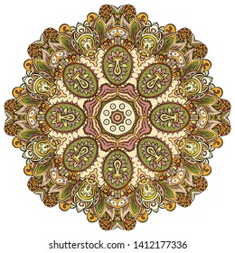 Mandala, tracery wheel mehndi design. Ethnic ornament, colorful doodle symmetry texture. Folk traditional spiritual tribal design.  Curved shape, isolated on white. Color art. Vector