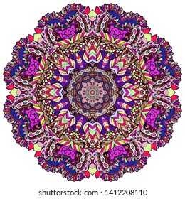 Mandala, tracery wheel mehndi design. Ethnic ornament, colorful doodle symmetry texture. Folk traditional spiritual tribal design. Curved shape, isolated on white. Color art. Vector