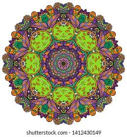 Mandala, tracery wheel mehndi design. Ethnic ornament, colorful doodle symmetry texture. Folk traditional spiritual tribal design.  Curved shape, isolated on white. Color art. Vector
