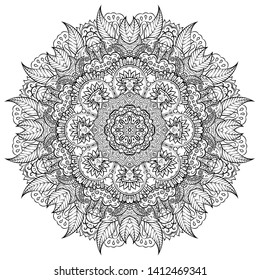 Mandala, tracery wheel mehndi design. Ethnic ornament, doodle symmetry texture. Folk traditional spiritual tribal design. Curved shape, isolated on white. Binary monochrome black and white art. Vector