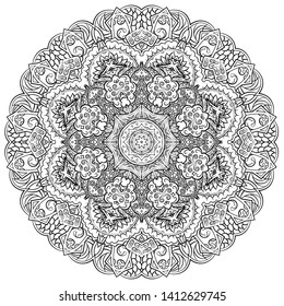 Mandala, tracery wheel mehndi design. Ethnic ornament, doodle symmetry texture. Folk traditional spiritual tribal design. Curved shape, isolated on white. Binary monochrome black and white art. Vector