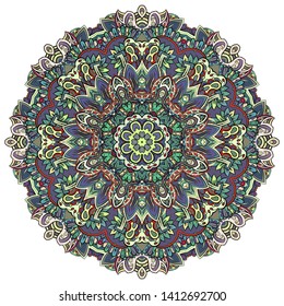 Mandala, tracery wheel mehndi design. Ethnic ornament, colorful doodle symmetry texture. Folk traditional spiritual tribal design.  Curved shape, isolated on white. Color art. Vector