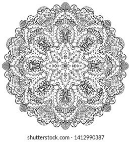 Mandala, tracery wheel mehndi design. Ethnic ornament, doodle symmetry texture. Folk traditional spiritual tribal design. Curved shape, isolated on white. Binary monochrome black and white art. Vector