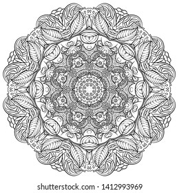 Mandala, tracery wheel mehndi design. Ethnic ornament, doodle symmetry texture. Folk traditional spiritual tribal design. Curved shape, isolated on white. Binary monochrome black and white art. Vector