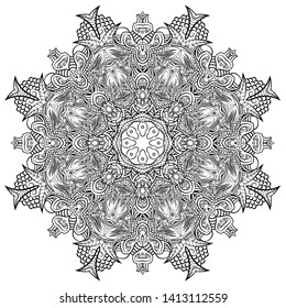 Mandala, tracery wheel mehndi design. Ethnic ornament, doodle symmetry texture. Folk traditional spiritual tribal design. Curved shape, isolated on white. Binary monochrome black and white art. Vector