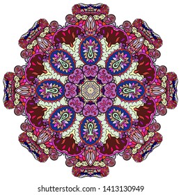 Mandala, tracery wheel mehndi design. Ethnic ornament, colorful doodle symmetry texture. Folk traditional spiritual tribal design.  Curved shape, isolated on white. Color art. Vector