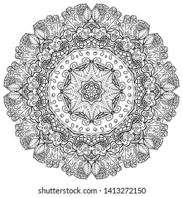 Mandala, tracery wheel mehndi design. Ethnic ornament, doodle symmetry texture. Folk traditional spiritual tribal design. Curved shape, isolated on white. Binary monochrome black and white art. Vector