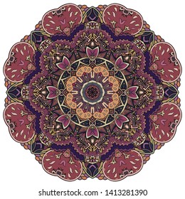 Mandala, tracery wheel mehndi design. Ethnic ornament, colorful doodle symmetry texture. Folk traditional spiritual tribal design.  Curved shape, isolated on white. Color art. Vector