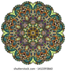 Mandala, tracery wheel mehndi design. Ethnic ornament, colorful doodle symmetry texture. Folk traditional spiritual tribal design.  Curved shape, isolated on white. Color art. Vector