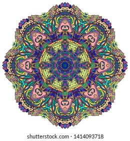 Mandala, tracery wheel mehndi design. Ethnic ornament, colorful doodle symmetry texture. Folk traditional spiritual tribal design. Curved shape, isolated on white. Color art. Vector