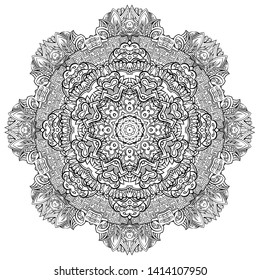 Mandala, tracery wheel mehndi design. Ethnic ornament, doodle symmetry texture. Folk traditional spiritual tribal design. Curved shape, isolated on white. Binary monochrome black and white art. Vector