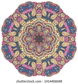 Mandala, tracery wheel mehndi design. Ethnic ornament, colorful doodle symmetry texture. Folk traditional spiritual tribal design. Curved shape, isolated on white. Color art. Vector