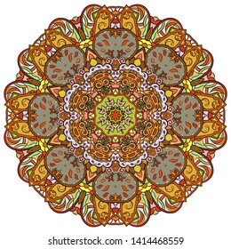 Mandala, tracery wheel mehndi design. Ethnic ornament, colorful doodle symmetry texture. Folk traditional spiritual tribal design.  Curved shape, isolated on white. Color art. Vector