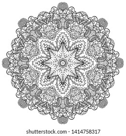 Mandala, tracery wheel mehndi design. Ethnic ornament, doodle symmetry texture. Folk traditional spiritual tribal design. Curved shape, isolated on white. Binary monochrome black and white art. Vector