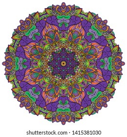Mandala, tracery wheel mehndi design. Ethnic ornament, colorful doodle symmetry texture. Folk traditional spiritual tribal design.  Curved shape, isolated on white. Color art. Vector