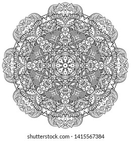 Mandala, tracery wheel mehndi design. Ethnic ornament, doodle symmetry texture. Folk traditional spiritual tribal design. Curved shape, isolated on white. Binary monochrome black and white art. Vector