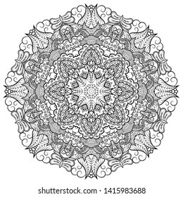 Mandala, tracery wheel mehndi design. Ethnic ornament, doodle symmetry texture. Folk traditional spiritual tribal design. Curved shape, isolated on white. Binary monochrome black and white art. Vector