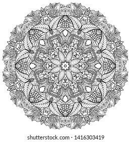 Mandala, tracery wheel mehndi design. Ethnic ornament, doodle symmetry texture. Folk traditional spiritual tribal design. Curved shape, isolated on white. Binary monochrome black and white art. Vector