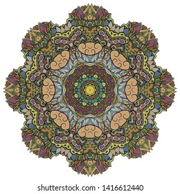 Mandala, tracery wheel mehndi design. Ethnic ornament, colorful doodle symmetry texture. Folk traditional spiritual tribal design.  Curved shape, isolated on white. Color art. Vector